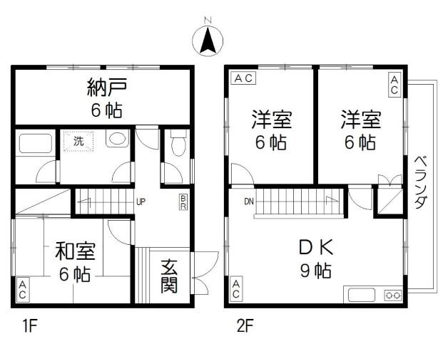 ヒルサイドの間取り図（1階：和室6帖・納戸6帖、2階：洋室6帖×2・DK9帖）