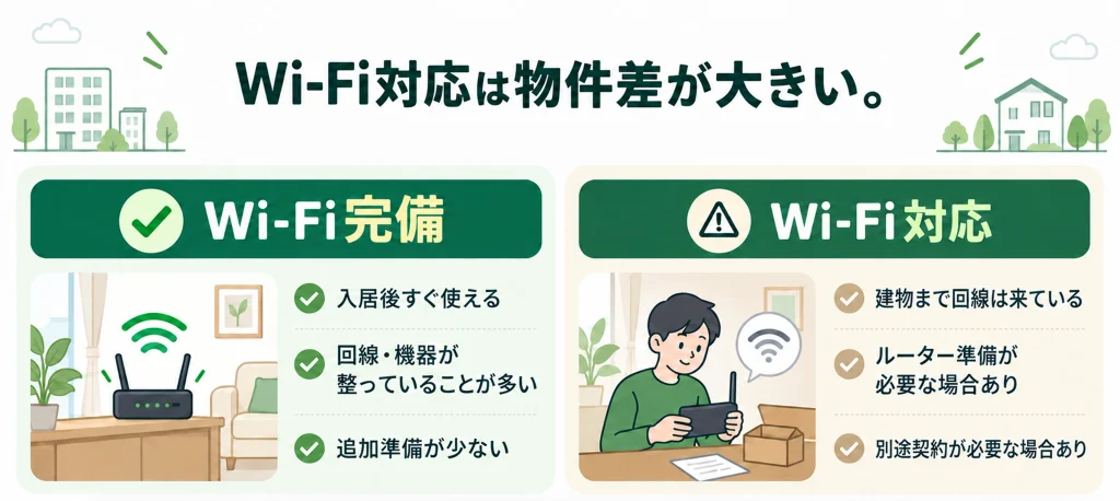 マンスリーマンションの「Wi-Fi完備」と「Wi-Fi対応」の違いを示す比較図