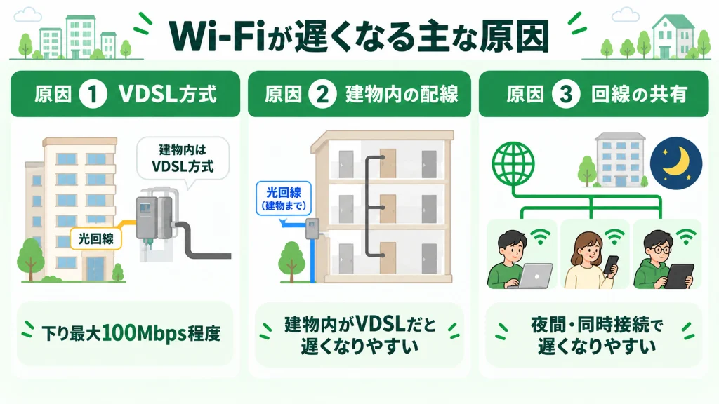 マンスリーマンションのWi-Fiが遅くなる3つの原因(VDSL方式・建物内配線・回線の共有)の図解