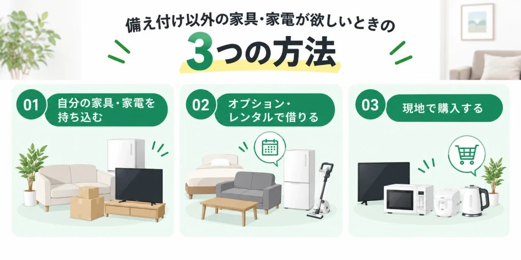 備え付け以外の家具・家電を用意する3つの方法(持ち込み・レンタル・現地購入)