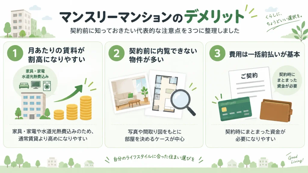 マンスリーマンションの3つのデメリット(賃料が割高・内覧不可が多い・一括前払い)を示した図解